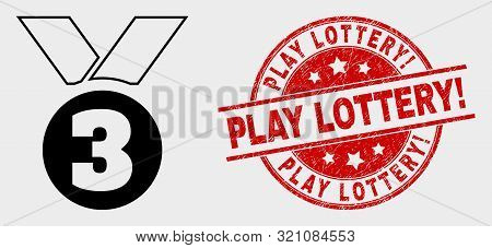 Vector Third Place Award Pictogram And Play Lottery Exclamation Stamp. Red Round Distress Seal Stamp