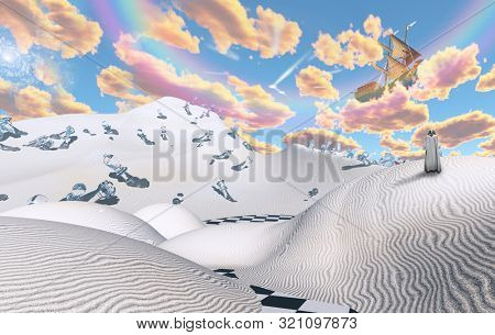 Surreal desert with chess figures. Figure in cloak. Ancient ship in the sky. 3D rendering