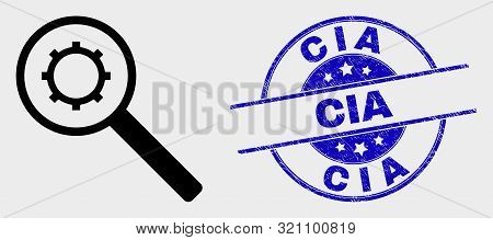 Vector Explore Gears Icon And Cia Seal. Red Rounded Grunge Seal With Cia Text. Vector Composition In