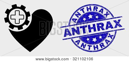 Vector Heart Gear Icon And Anthrax Seal. Red Rounded Distress Seal With Anthrax Text. Vector Combina