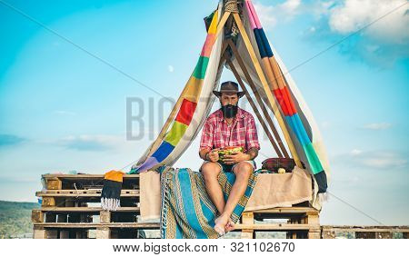 Active People. Summer Camp. Play Tent. Camping. Camping And Tent Near Beautiful Sunlight In The Morn