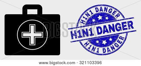 Vector Medical Case Icon And H1n1 Danger Stamp. Red Rounded Textured Seal Stamp With H1n1 Danger Cap