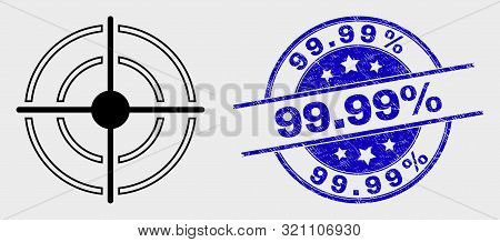 Vector Line Bullseye Pictogram And 99.99 Percent Stamp. Blue Rounded Distress Stamp With 99.99 Perce