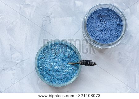 Blue Spirulina Or Butterfly Pea Flower Blue Matcha Powder Chia Seed Pudding Bowl. Close Up, Top View