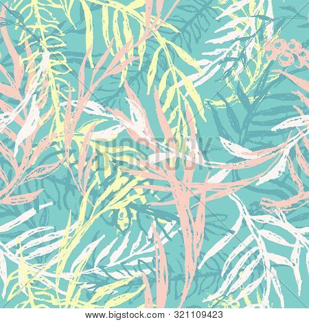 Ink Camouflage Wallpaper, Seamless Pattern With Leafs And Twigs. Tropical Nature, Plants Ferns In Br