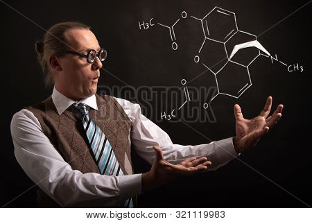 Professor Presenting Handdrawn Chemical Formula Of Heroin