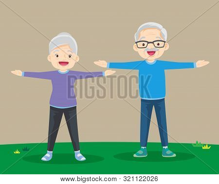Grandparents Doing Exercises. Sport. Morning Exercises.senior People And Gymnastics. Elderly Couple.