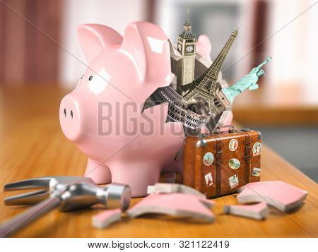 Travel, tourism, planning budget of a  rip or vacation concept.  Broken piggy bank and most popular landmarks of the world. 3d illustration