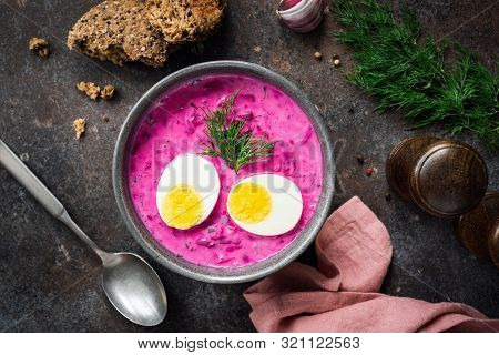 Cold Summer Vegetable Soup With Beet And Egg In Bowl, Top View. Russian, Polish Cuisine. Svekolnik O