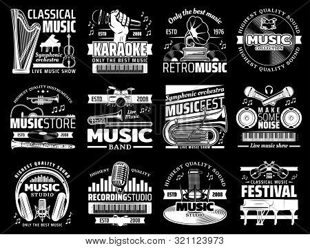 Vector Musical Instrument Stores And Shops, Symphonic Orchestra Harp And Piano, Karaoke Club, Live M