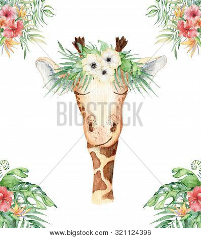 Cute Watercolor Geraffe With Tropical Flowers Card Hand Drawn Illustration