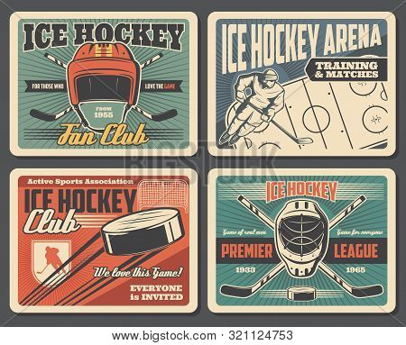 Ice Hockey Sport Association And Training Equipment, Retro Style. Vector Puck Flying To Gates On Are