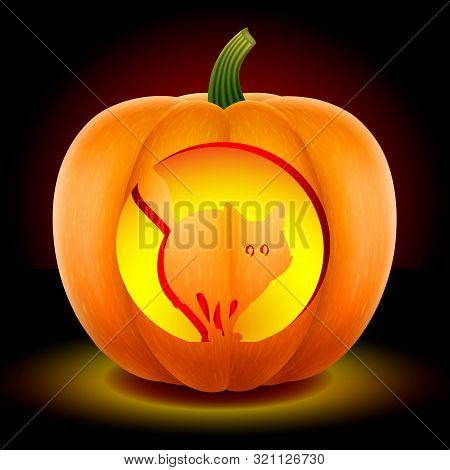 Pumpkin With An Aggressive Cat. Knife-fucked. Halloween Symbol. With A Bright Candle Inside. Isolate