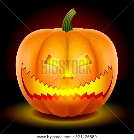 Pumpkin With A Scary Face. Knife-fucked. Halloween Symbol. With A Bright Candle Inside. Isolated On 
