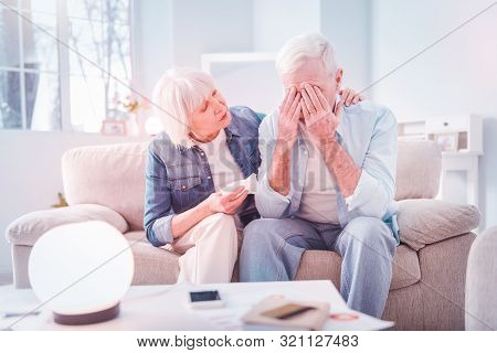Loving Caring Woman Supporting Her Retired Man Being Fired From Work