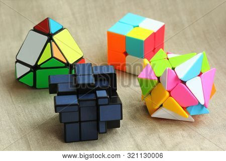 Kyiv, Ukraine - December 30, 2018: Closeup Of Various Pyramid And Cube Toy Puzzles