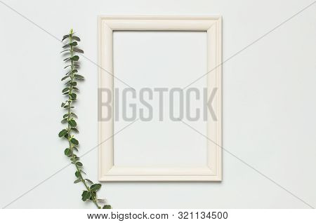 White Wooden Photo Frame And Spring Green Twigs Of Plants On Gray Background. Flat Lay Top View Copy