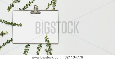 Blank White Paper With Folder And Metal Clothespin, Spring Green Twigs Of Plants On Gray Background