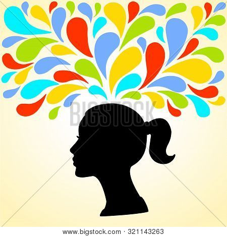 Animation Drawing: Silhouette Of The Head Of The Young Woman Thinks Bright Colorful Splashes. Vector