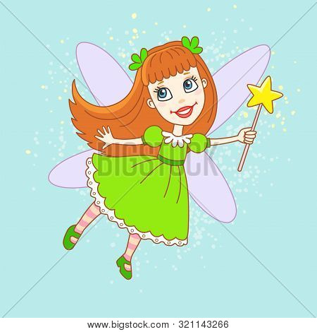 Cartoon Portrait: Cute Little Tooth Fairy In A Green Dress Holds A Magic Wand In His Hand. Fairy Tal