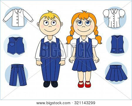 Cartoon Portrait Of A Boy And A Girl With Elements Of Clothing.
Vector Illustration Isolated On Whit