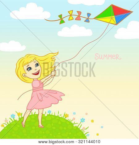 Cartoon Portrait: A Cute Little Girl Blonde Holds A Kite. Vector Illustration. Print, Poster,card. P