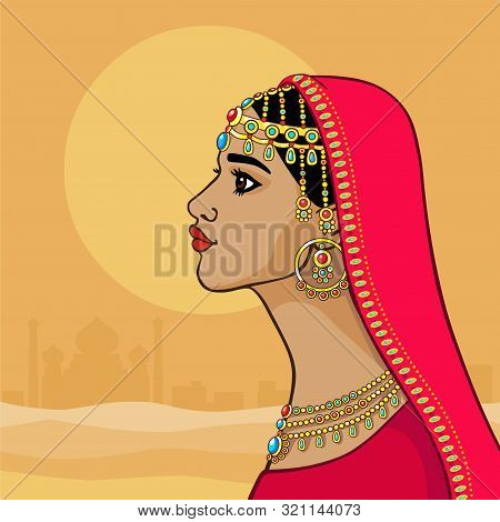 Cartoon Portrait: Beautiful Indian Princess In Red Clothes And Gold Jewelry.  Profile View. Vector I