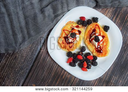 Pancakes With Fresh Blackberries And Raspeberries, Top View, Horizontal