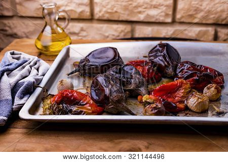 Mediterranean Diet Concept. Baking Tray With Vegetables To Make Escalivada..