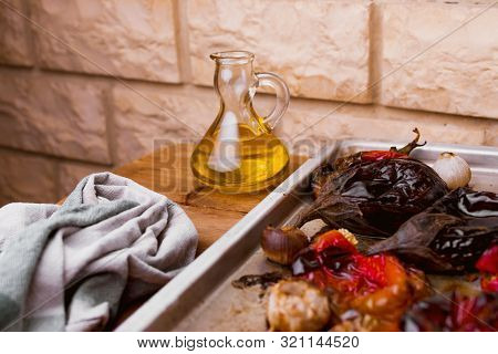 Mediterranean Diet Concept. Baking Tray With Vegetables To Make Escalivada..