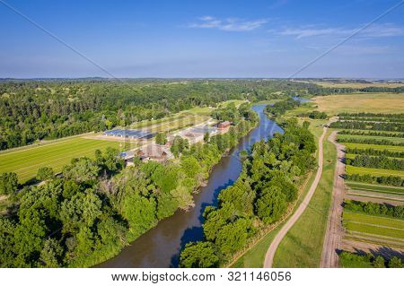 Aerial landscape of Nebraska Sandhills with the Middle Loupe River at Nebraska National Forest near Halsey