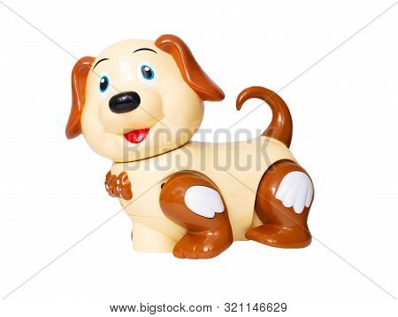 Childrens Plastic Toy Dog On A White Background, Playful