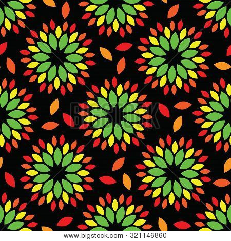 Vector Illustration. Autumn Fall Leaves Outbreak On Black Background Seamless Repeat Pattern.