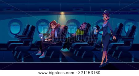 Passengers In Night Airplane Cabin. Man Sleep In Plane, Freelancer Girl Work On Laptop Stewardess Ca