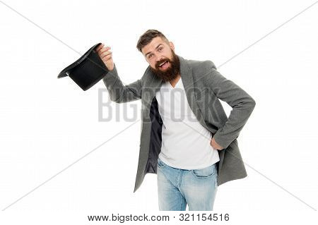 Man Bearded Guy Magician. Magic Trick Performance Concept. Circus Magic Trick Performance. Entertain
