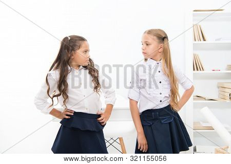 Little Antagonists. Unhappy Small Children Getting Angry With Each Other. Childhood Activities Durin