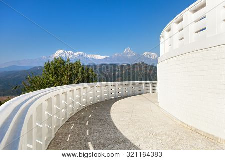 Annapurna View From World Peace Pagoda Or Stupa Near Pokhara Town, Mount Annapurna Range, Nepal Hima
