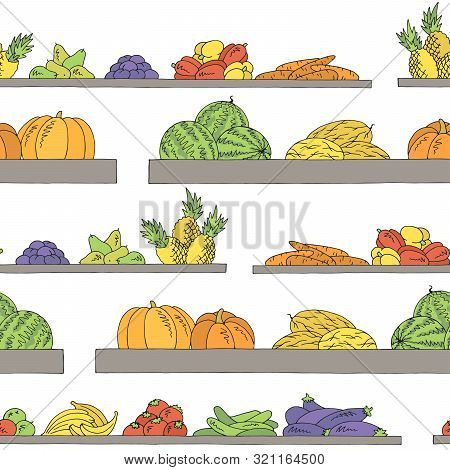 Shelves Graphic Seamless Pattern Color Background Fruits And Vegetables Sketch Illustration Vector