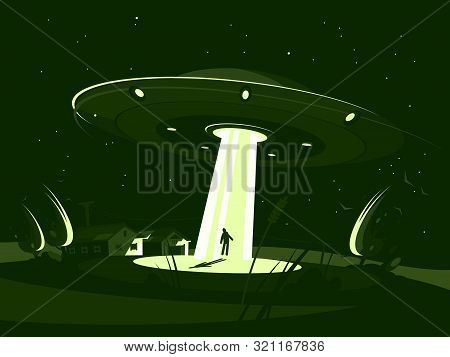 Alien Plate Abducts Man. Spaceship At Night