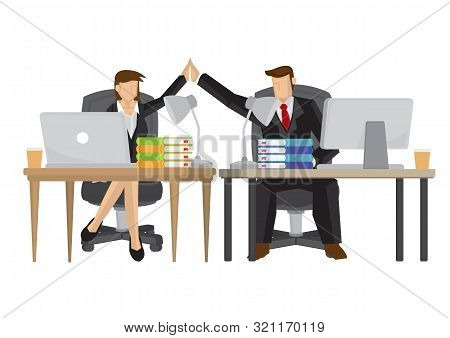 Cheerful Business Man And Woamn Giving Highfive To Each Other After Finishing Their Project. Concept