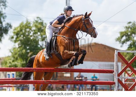 Horse Rider Woman On Show Jumping Competition