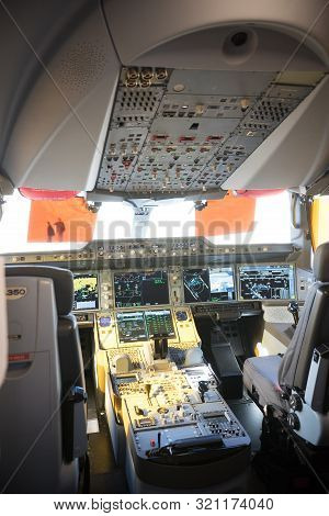 29 August 2019 Moscow, Russia: A Inside View Of The Dashboard In Helicopter Pilot Cabin