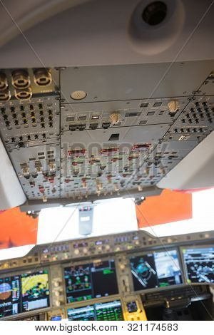 29 August 2019 Moscow, Russia: A Inside View Of The Dashboard In Airplane Pilot Cabin