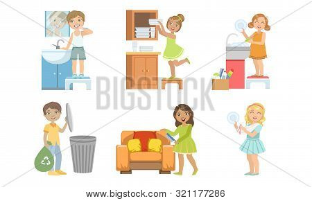 Cute Boys And Girls Doing Different Housework Chores Set, Kids Helping Their Parents With Home Clean