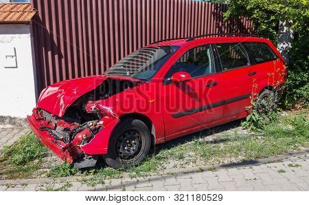 Brno, Czech Republic - Circa June 2017: Red Car After Accident