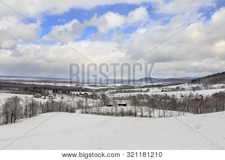 Snow Covered Winter Landscape In Mountain Region Of Central Pennsylvania With Valleys And Fields In 