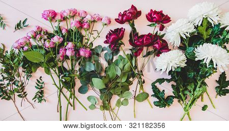 Flat-lay Of Purple Peonies, Pink Roses And White Chrisanthemums