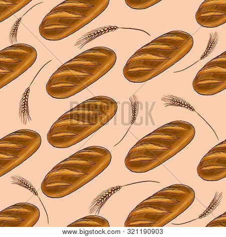 Seamless Pattern With Cartoon Food: Long Loaf, Brown Bread, Bun.