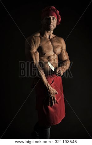 He Is A Mean Cook. Professional Master Cook On Black Background. Man Cook With Muscular Torso Wearin