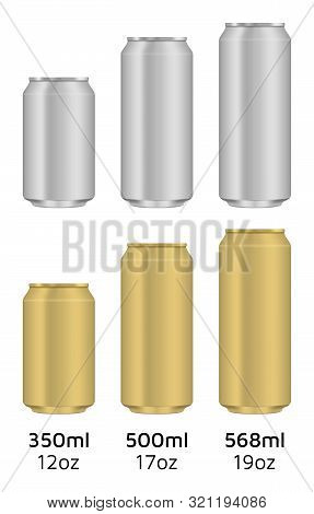 Empty Can. Aluminum And Gold Colors. 350ml, 500ml And 568ml. Vector Illustration Eps10.
